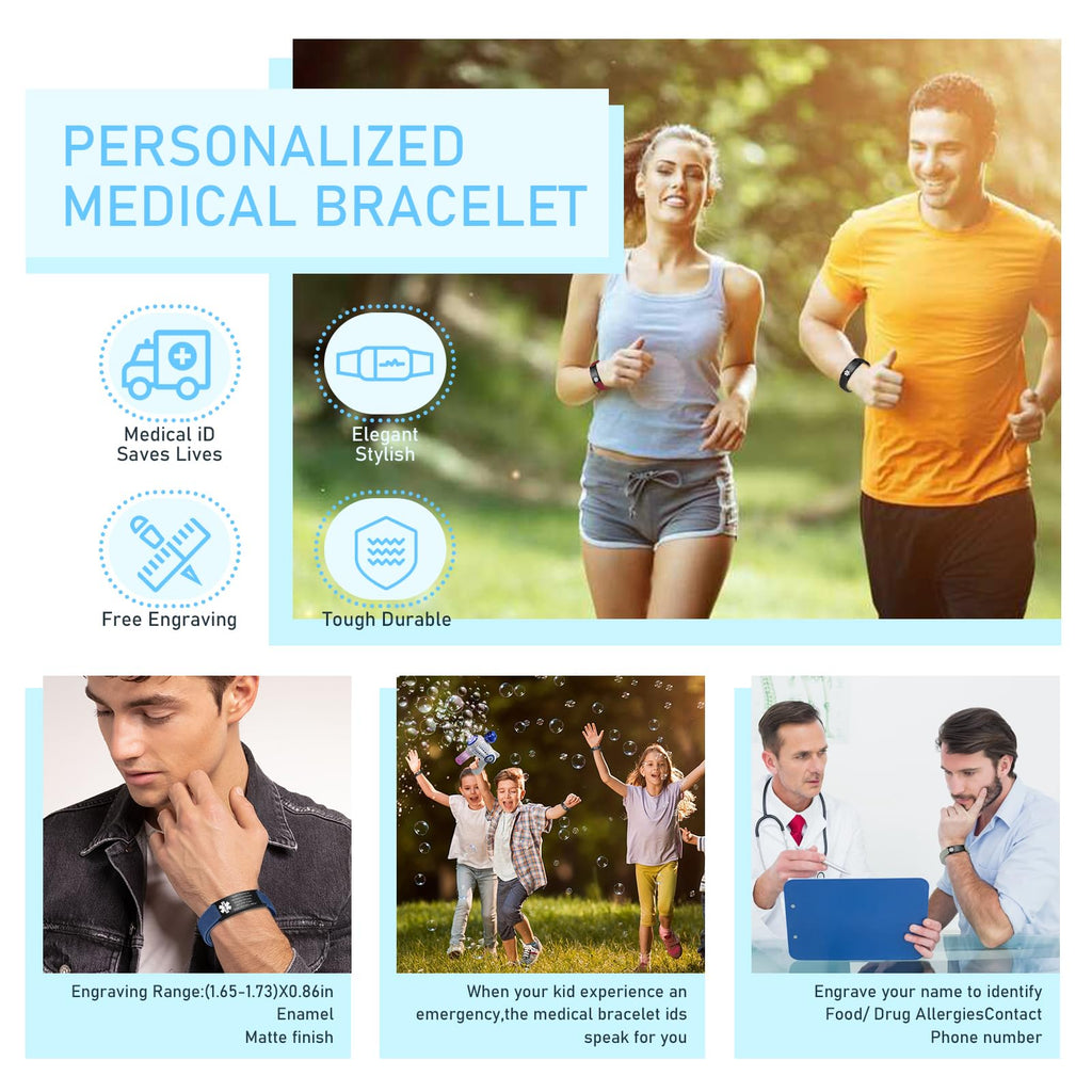 KBPTM Custom Medical Alert Bracelet Personalized Engraving Medic Info ID Bracelet Customized Emergency Medical Bracelets Gifts for Men Women Dad Fathers Day (black)