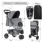 MoNiBloom 3 Wheels Pet Dog Cat Stroller for Small Medium Dogs and Cats, Lightweight Foldable Jogger Stroller w/Storage Basket and Cup Holder, Gray