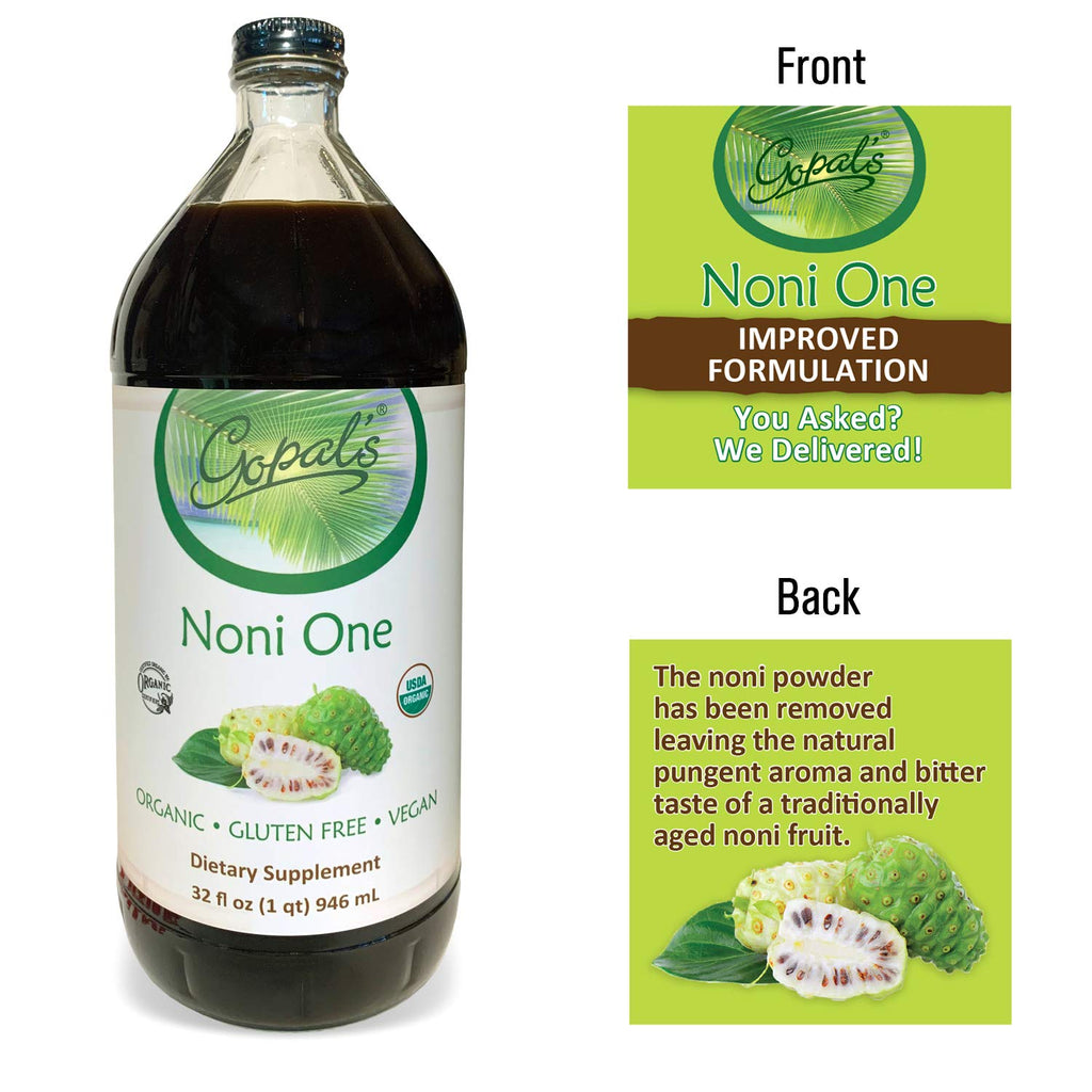 Noni One | 100% Pure Organic Noni Juice - 32oz Glass Bottle (1 qt) | Gluten-Free and Vegan Superfruit Supplement, 30 grams of Noni Juice Per Serving, Vitamin and Antioxidant Rich | Gopal's Healthfoods
