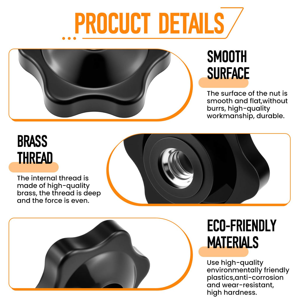 Aifeier ET 16 Pcs 1/4"-20 Inch Knob | Black Nylon Screw-On Type Thru Threaded Nuts | 6-Star Shape Hand Tighten Clamping Knobs (0.25"/6.35mm)