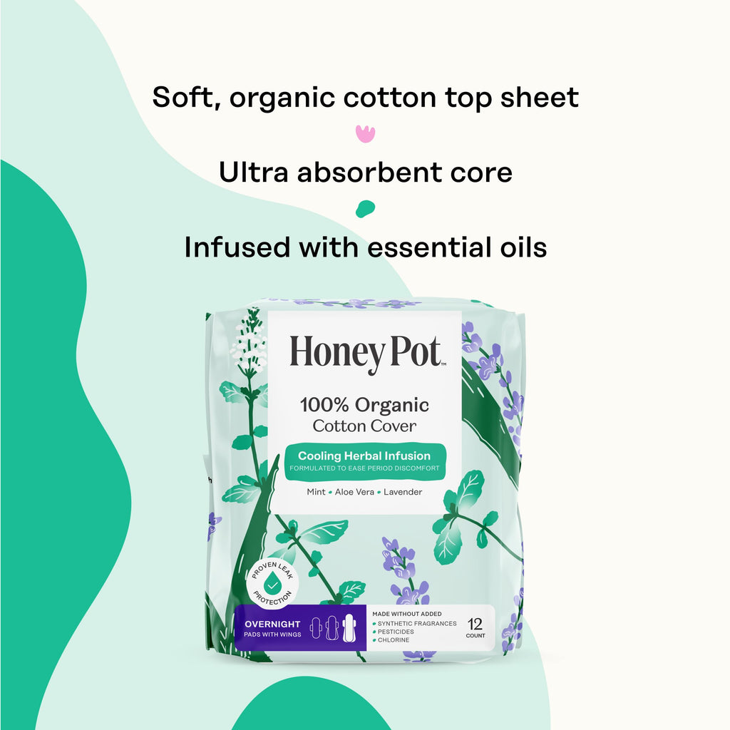 The Honey Pot Company - 48 ct - Herbal Pads for Women - Overnight w/Wings - Infused w/Essential Oils for Cooling Effect & Organic Cotton Cover - Feminine Care
