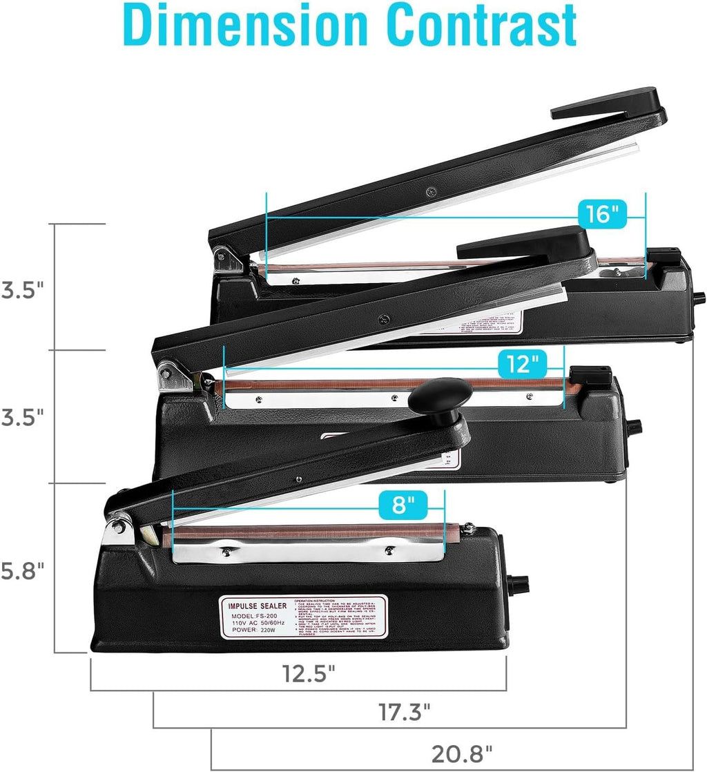 METRONIC 8 inch Bag Sealer, Black Impulse Heat Sealer for Plastic Bags, Poly Bag Sealing Machine with Repair Kit. Clean, Crisp and Fast Sealing Machine