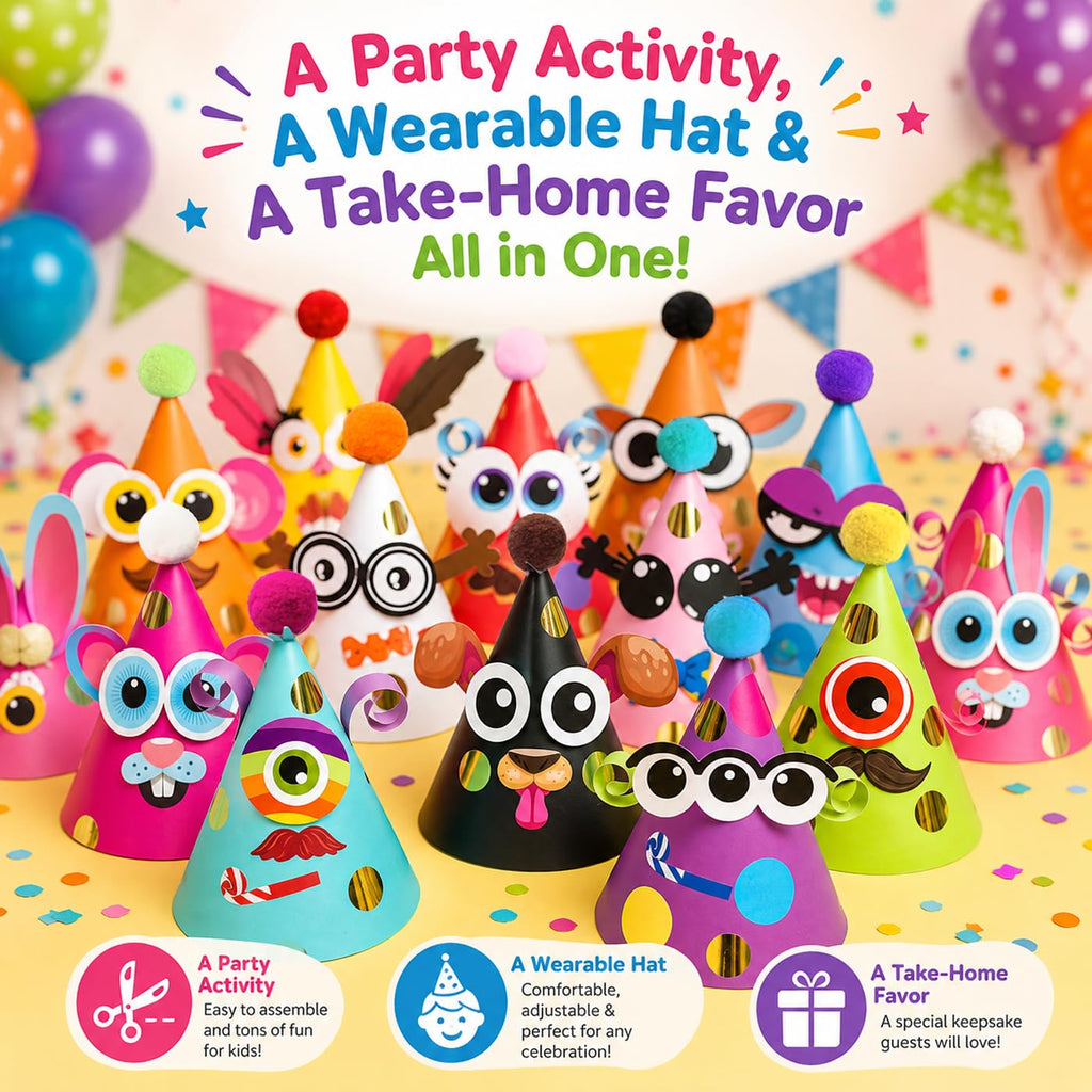 Glittery Garden Party Hats for Kids Art & Craft. Fun Birthday Activity Kit with Stickers. Animal Theme Party Favor, Game Supplies. Christmas, Thanksgiving, Easter Decoration