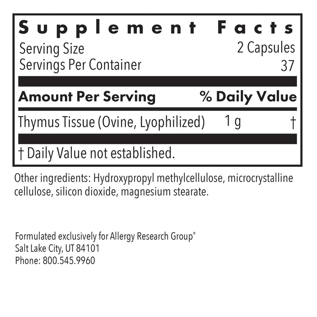 Allergy Research Group ARG Thymus - Glandular Supplement - Freeze-Dried Tissue - Immune System Support - Lyophilized Extract - Hypoallergenic & Non-GMO - 37 Servings - 75 Vegicaps