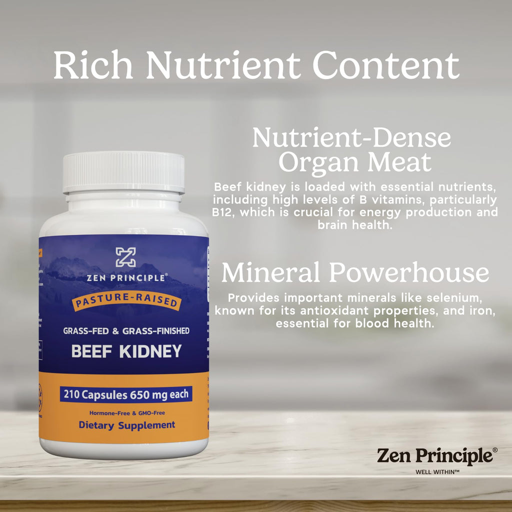 Zen Principle Grass Fed Beef Kidney Supplement, 210 Capsules, 3000 mg. DAO Enzyme for Histamine Health. Selenium and B12 for Thyroid Support.