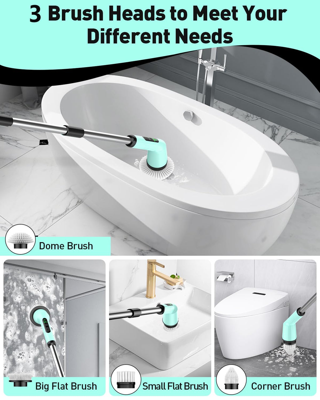 Shower Scrubber with Long Handle, Electric Scrubber for Cleaning Bathroom