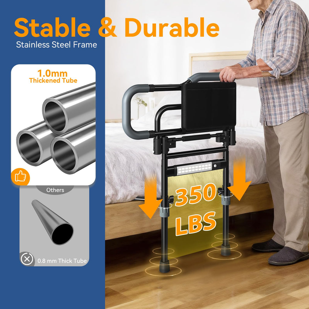 Bed Rails for Elderly Adults Safety, Foldable Bed Assist Rails for Seniors with Sensor Light & Storage Pocket, Adjustable Height, 180° One-Hand Folding Bed Side Rails Fit King Queen Full Twin