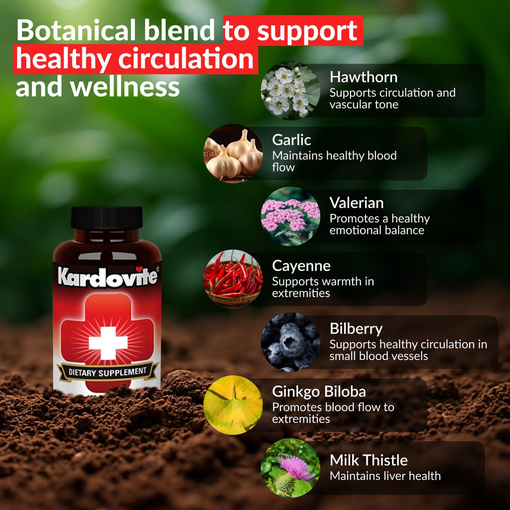 Kardovite Herbal Circulation Support Capsules 180s | Supports Circulatory Wellness with Hawthorn, Garlic, Ginkgo, Cayenne, Milk Thistle, Bilberry & Valerian | Supports Vitality & Daily Wellness