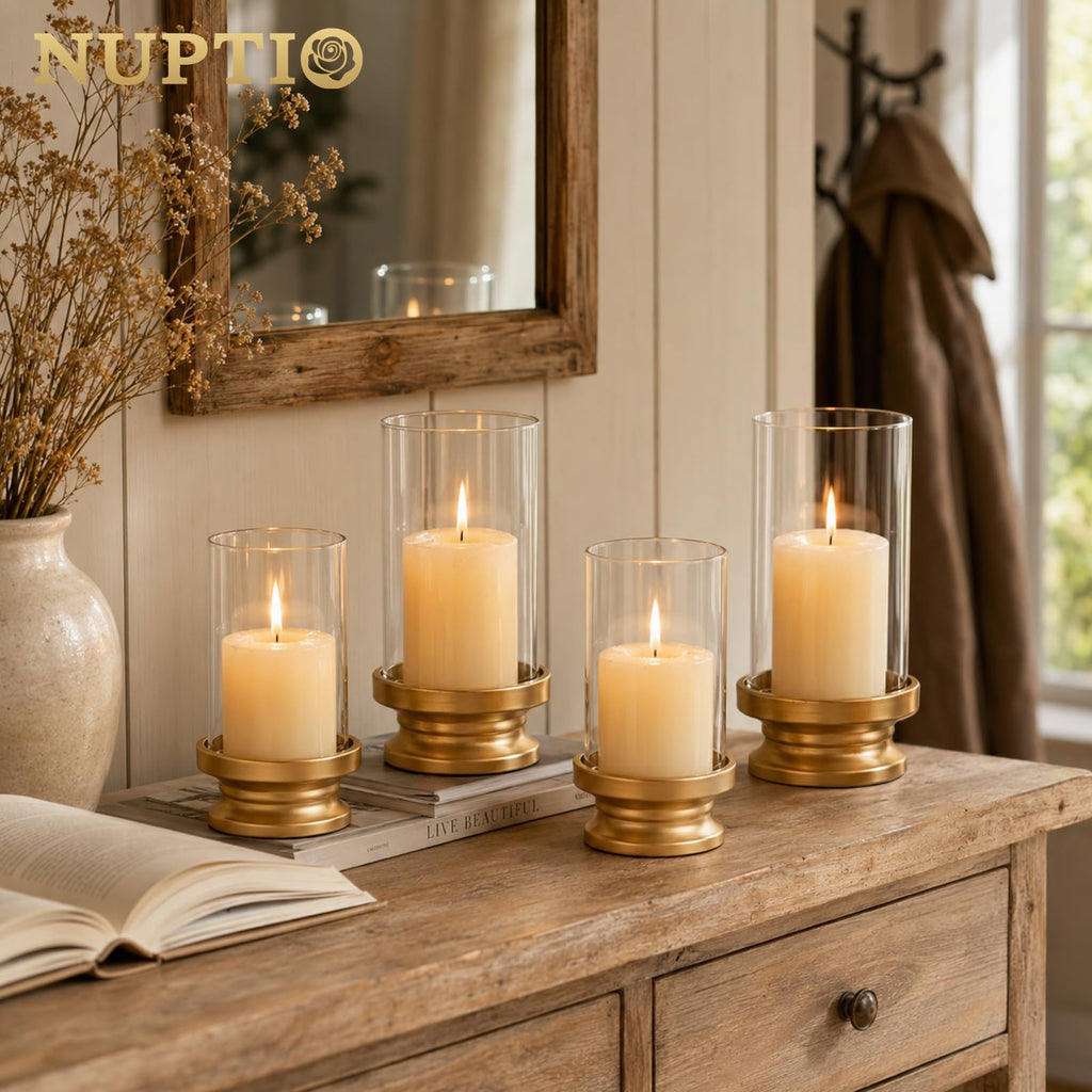 NUPTIO Hurricane Glass Candle Holders for Pillar - Matte Gold - Set of 2