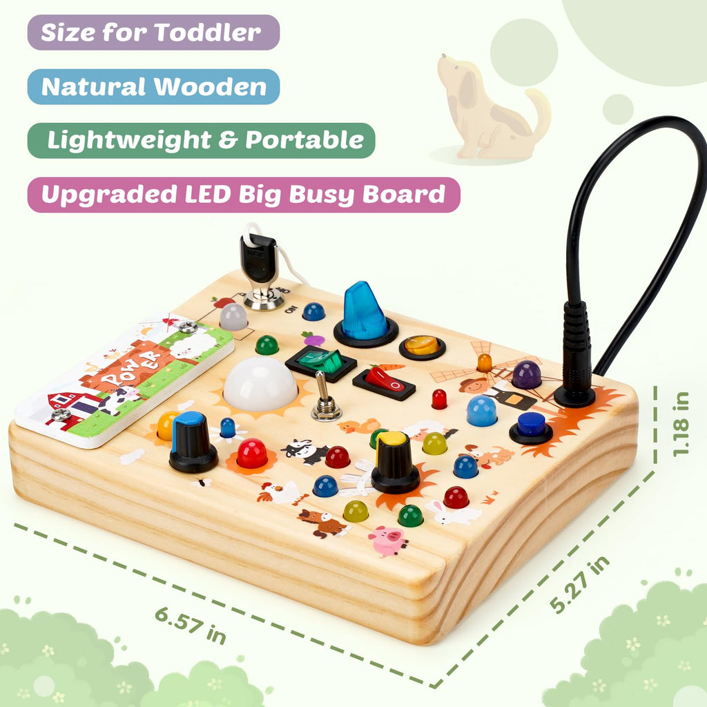 Joyreal Wooden Busy Board with LED Light, Montessori Toddler Toys, Wooden Sensory Board, Toddlers Activity Travel Toys for Boy & Girl Birthday Gift (Farm Theme)