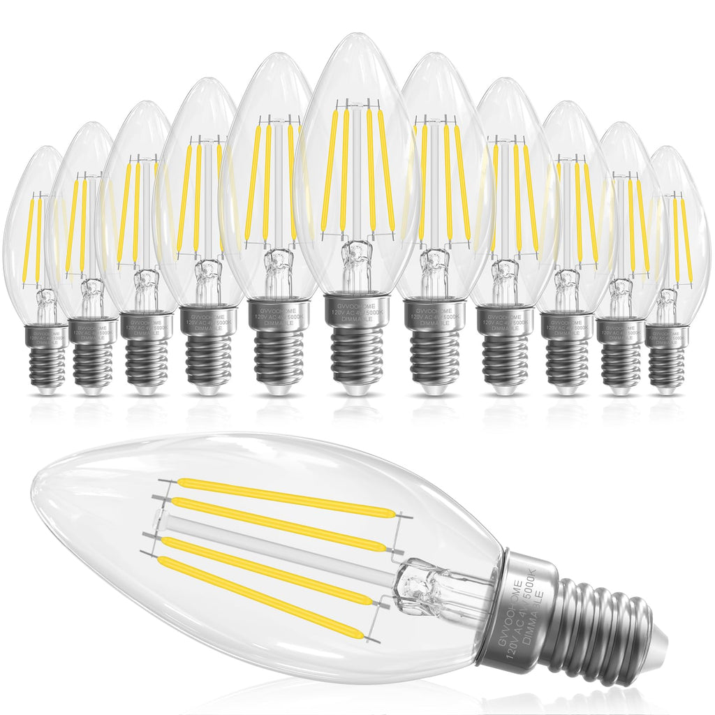 GvvooHome E12 Candelabra Bulb 40 watt Equivalent, E12 LED Bulb Dimmable Chandelier Light Bulbs, 5000K Daylight B10 Candle Light Bulbs, 90+CRI, 400LM, Clear Glass, 12 Pack