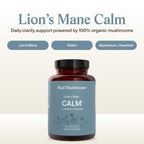 Real Muhsrooms Calm Lions Mane Capsules (90 Count) – 400mg Organic Lions Mane Fruiting Body Extracts, 200mg Organic Reishi, 200mg AlphaWave L-Theanine for Calm Clarity & Relaxed Alertness, 90ct