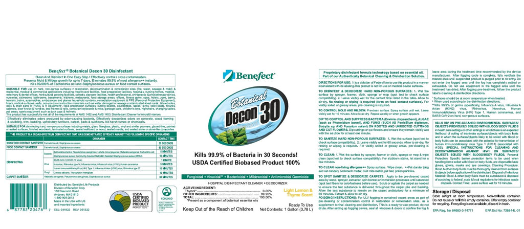 Benefect Botanical Decon 30 Disinfectant Cleaner, Light Lemon & Thyme Scent, 5 Gallon Pail
