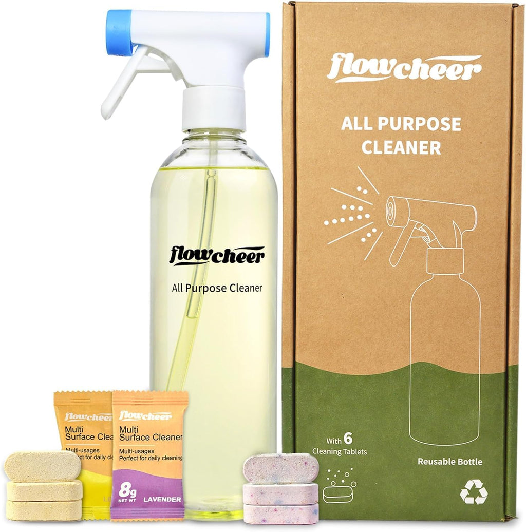 flowcheer Multi-Purpose Cleaner Starter Kit-Lavender and Lemon Scent all purpose cleaner concentrate,cleaning tablets (6 Refill tablets) with Reusable Spray Bottle Multi-Surface Cleaner, 6x17fl oz