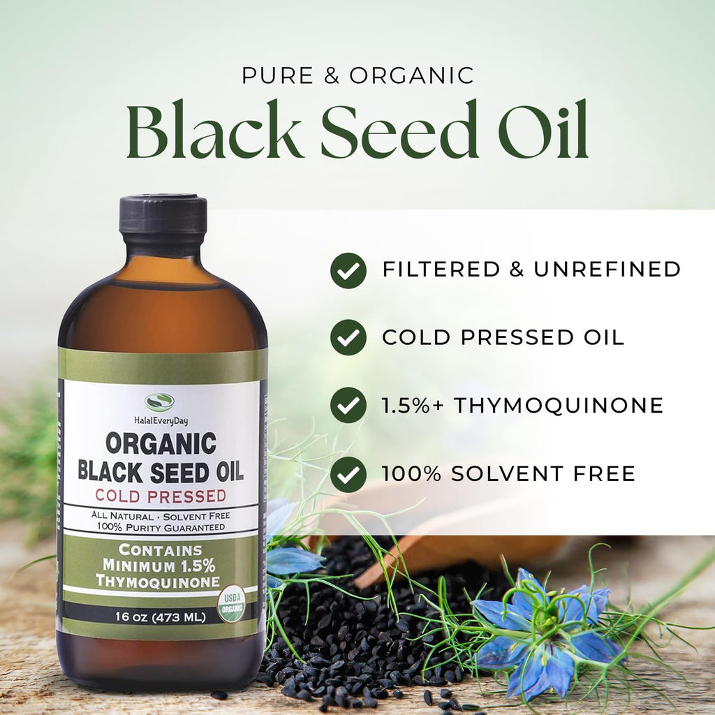 HalalEveryDay Organic Black Seed Oil - USDA Certified, Cold Pressed Glass Bottle 16oz - Over 1.5% Thymoquinone Turkish Black Cumin Nigella Sativa Non-GMO 100% Pure Blackseed Oil