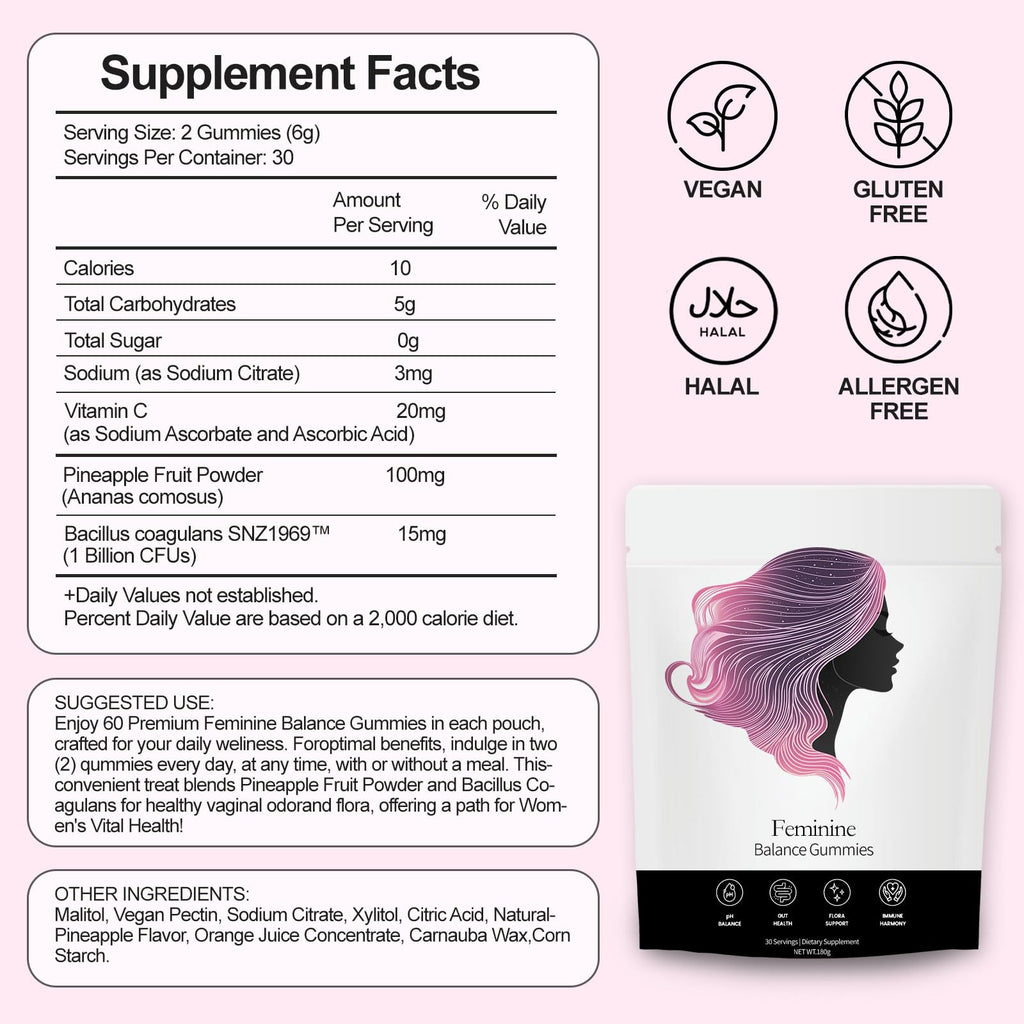 NEWUREHO Feminine Balance Gummies, Pineapple Gummies for Women Ph, Probiotic Blend Hawaiian Pineapple Flavored 60 Gummies