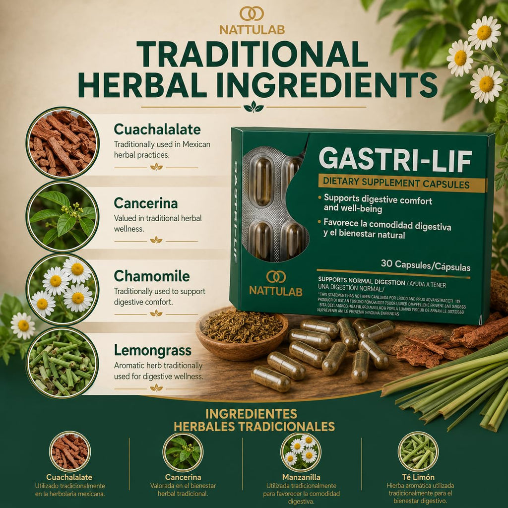 GASTRI-LIF – 30 Capsules – Herbal Dietary Supplement – Cuachalalate, Cancerina, Chamomile, Lemongrass & More – Traditional Herbal Blend for Digestive Support – Natural, Non-GMO