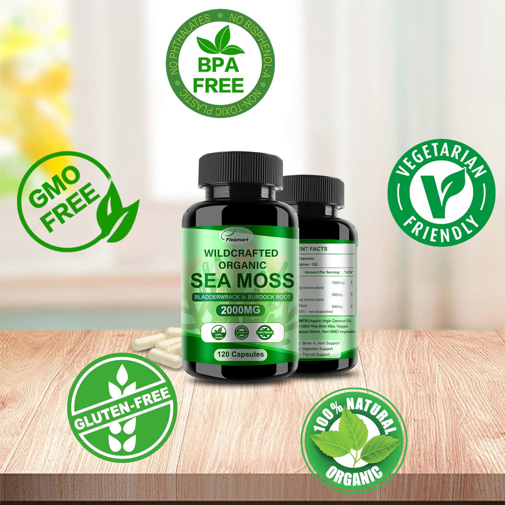 Fleamart Irish Sea Moss Capsules 120ct Raw Sea Moss Wildcrafted Bladderwrack Burdock Root Capsules Super Food Immune System Digestive Health Sea Moss Pills