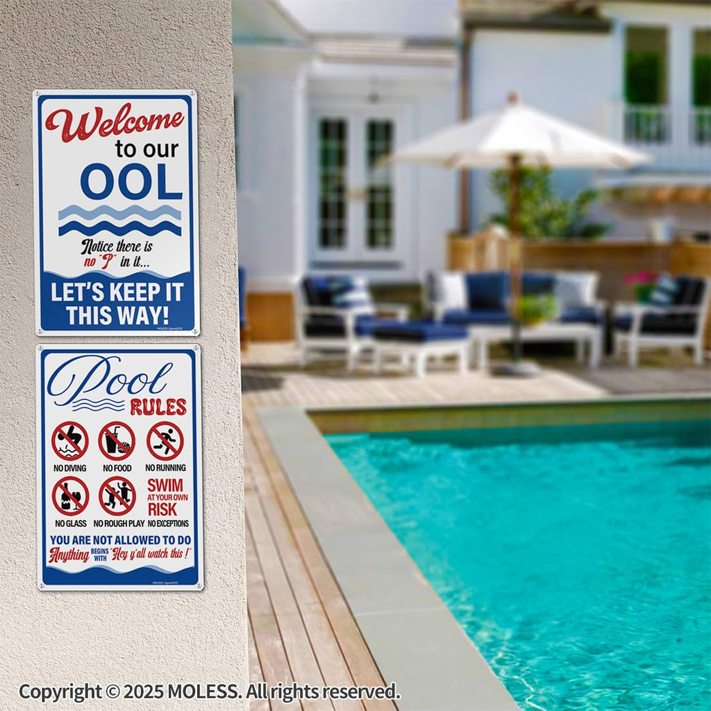MOLESS 2 Pack Pool Signs – 12x8 Inch Welcome To Our Ool & Funny Pool Rules Sign Safety, Durable 0.040 Aluminum, Easy to Mount, PSP-2401