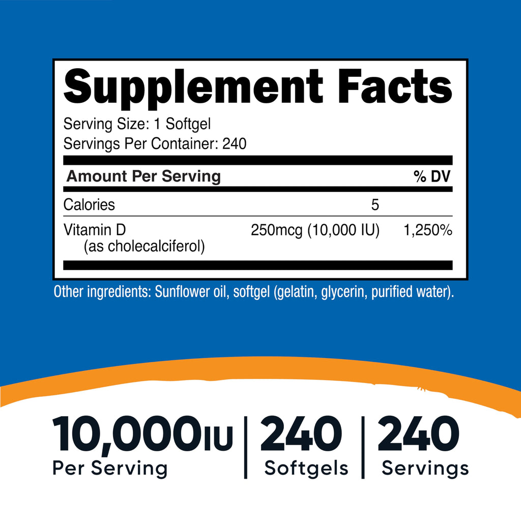 Nutricost Vitamin D3 10,000 IU, 240 Softgel Capsules - Potent, Non-GMO, Gluten Free Vitamin D