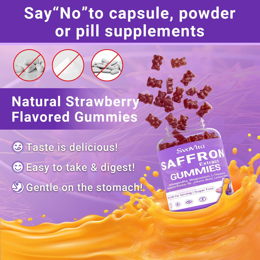 Svovita Saffron Gummies Supplements with 88.5 mg Saffron Extract, Magnesium Glycinate, L-Theanine, Ashwagandha, Rhodiola Rosea, St. John’s Wort - Sugar Free 120 Count