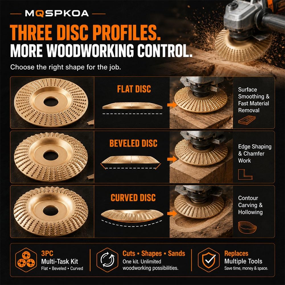Tungsten Carbide Cutting Wheel, Angle Grinder Polishing Pad, 3PCS Heavy-Duty Wood Carving Disc Set for 4" & 4-1/2" Grinders, Woodworking Attachment for Cutting, Shaping, Sanding(3*Flat Surface)