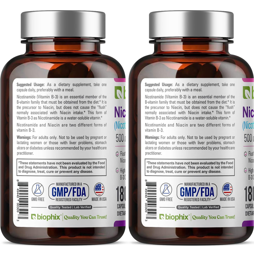 biophix B-3 Nicotinamide 500 mg 180 Caps 2 Pack - Nicotinic Amide Niacin Natural Flush-Free Vitamin Formula - Supports Skin Cell Health