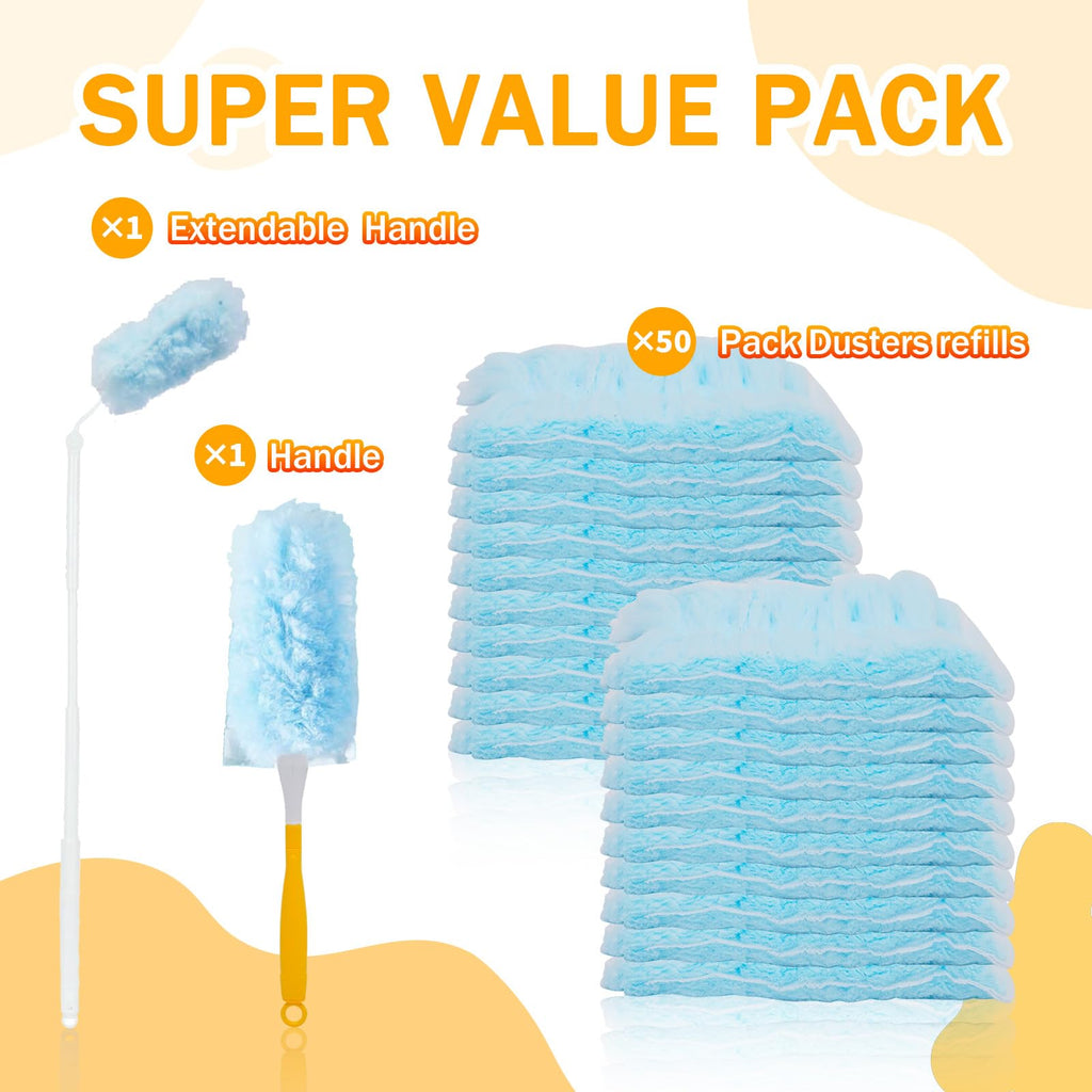 50PCS 360° Duster Refill for Swiffer Duster, Heavy Duty Refills Disposable Microfiber Duster Feather Duster Kit with1 Short Handle and 1 Extenda Handle