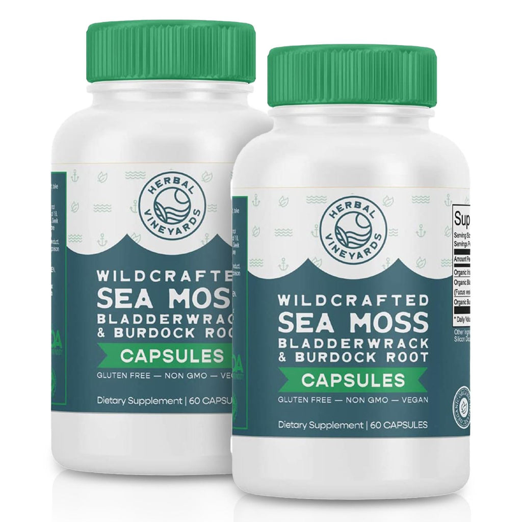 Herbal Vineyards Organic Wildcrafted Vegetable 60 Capsules | 1500MG | Pack of 2 | Irish Sea Moss, Bladderwrack and Burdock Root, Immune Support, Healthy Skin & Energy | Powerful Immunity Booster
