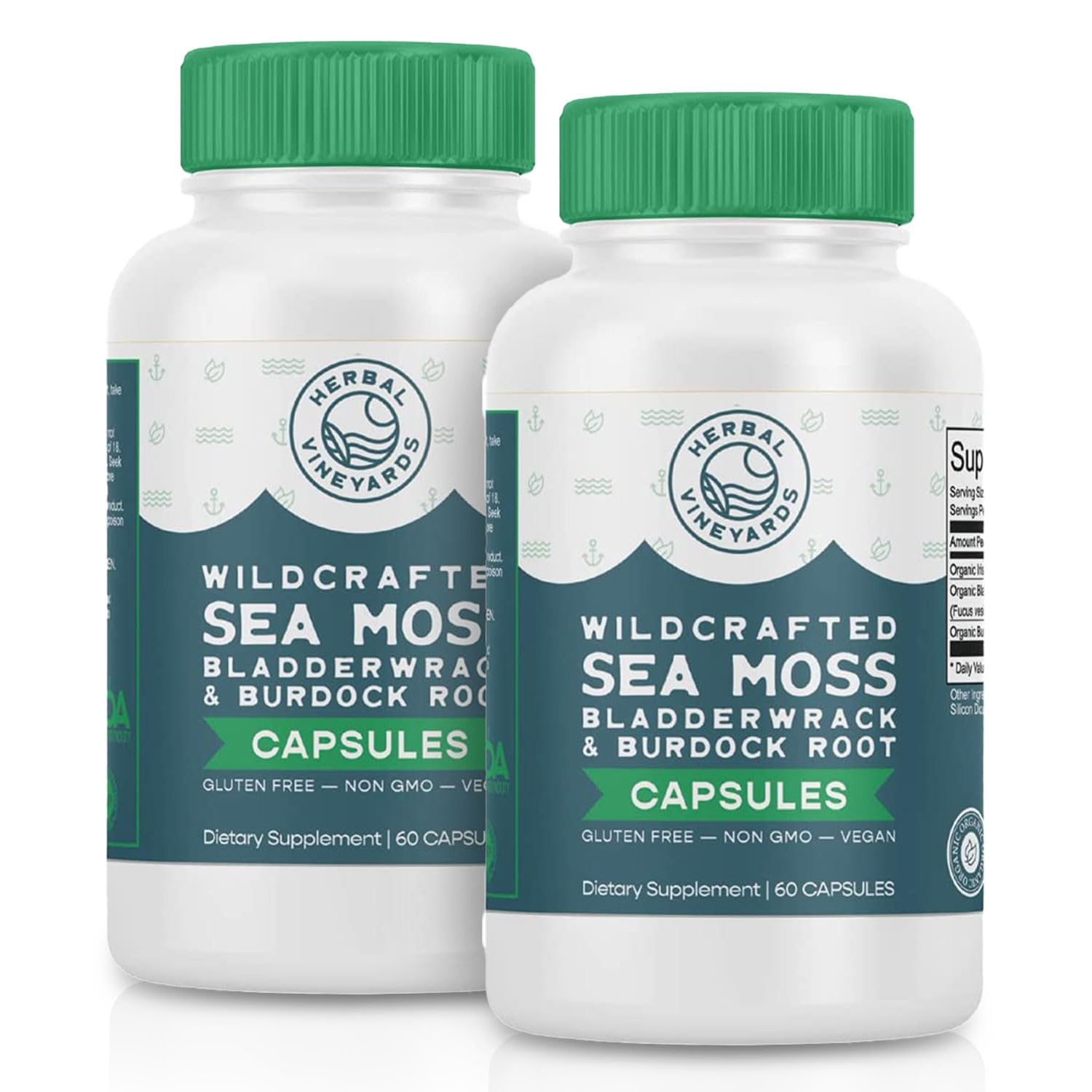 Herbal Vineyards Organic Wildcrafted Vegetable 60 Capsules | 1500MG | Pack of 2 | Irish Sea Moss, Bladderwrack and Burdock Root, Immune Support, Healthy Skin & Energy | Powerful Immunity Booster