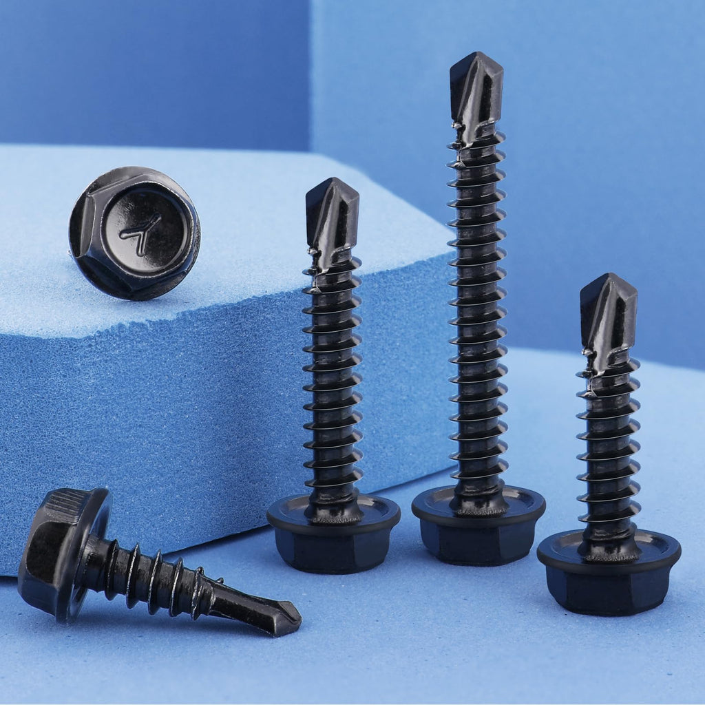 VGBUY 150Pcs Self Drilling Screws Assortment Kit, 410 Stainless Steel Self Tapping Sheet Metal Screws, Black Zinc Plated, #8 1/2" 3/4" #10 1" 1-1/2", Hex Washer Head