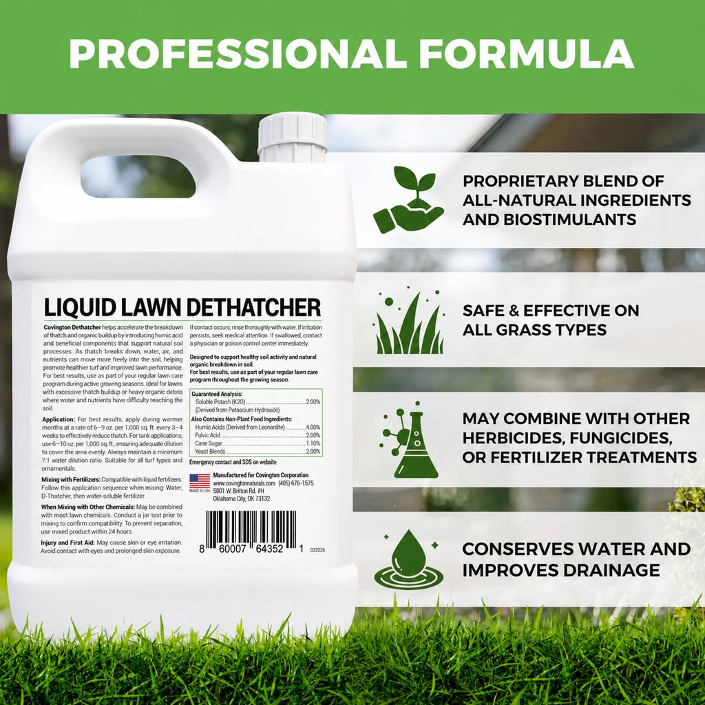 Covington Liquid Lawn Dethatcher (32oz) – Liquid Aerator Concentrate & Humic Thatch Remover, Soil Softener & Grass Thatch Buster for Lawns & Gardens – Kids & Pet Safe, Made in USA