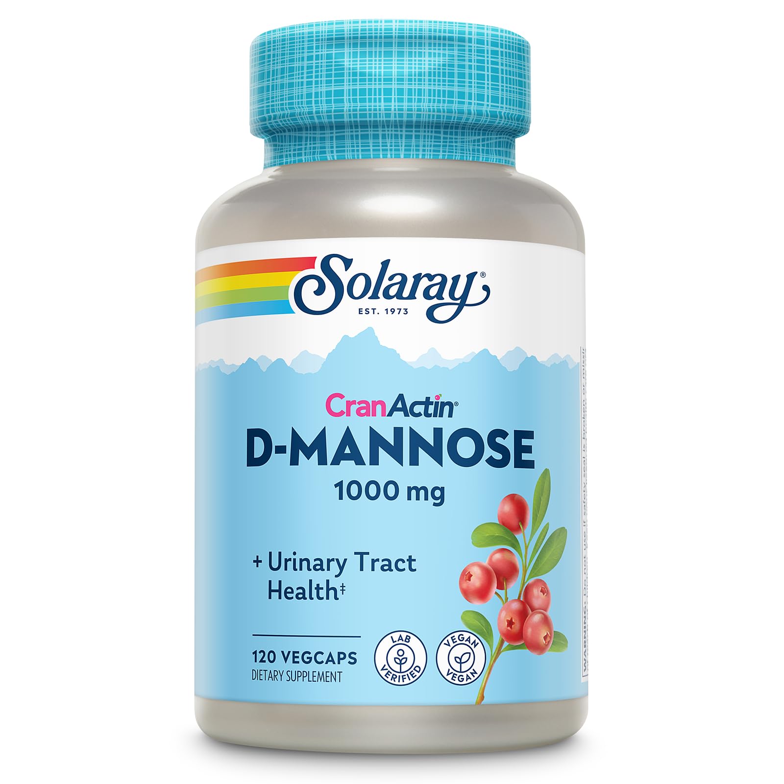 SOLARAY D-Mannose 1000mg with CranActin Cranberry Supplement 400mg, Urinary Tract Health & Bladder Support Capsules with Vitamin C, Vegan, 60 Day Guarantee, 60 Servings, 120 VegCaps (120 CT)