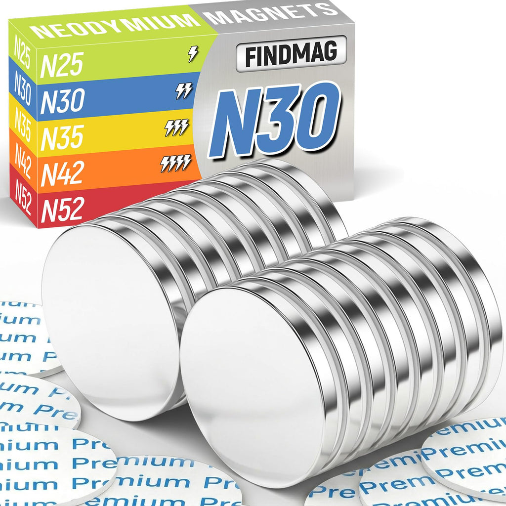 FINDMAG 16 Pack Disc Magnets with Double-Sided Adhesive, Permanent Round Magnets for Fridge, DIY, Building, Scientific, Craft, Office
