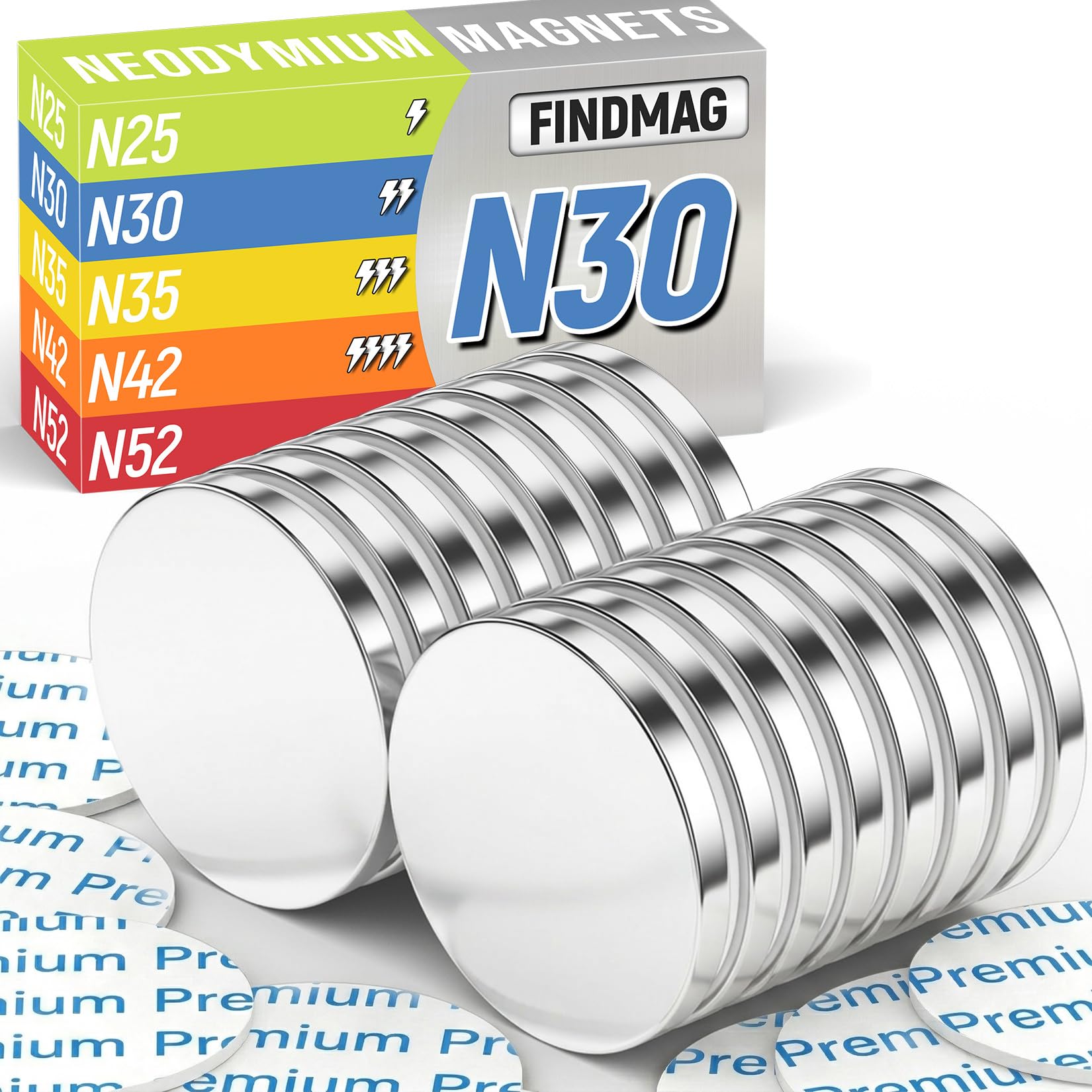 FINDMAG 16 Pack Disc Magnets with Double-Sided Adhesive, Permanent Round Magnets for Fridge, DIY, Building, Scientific, Craft, Office