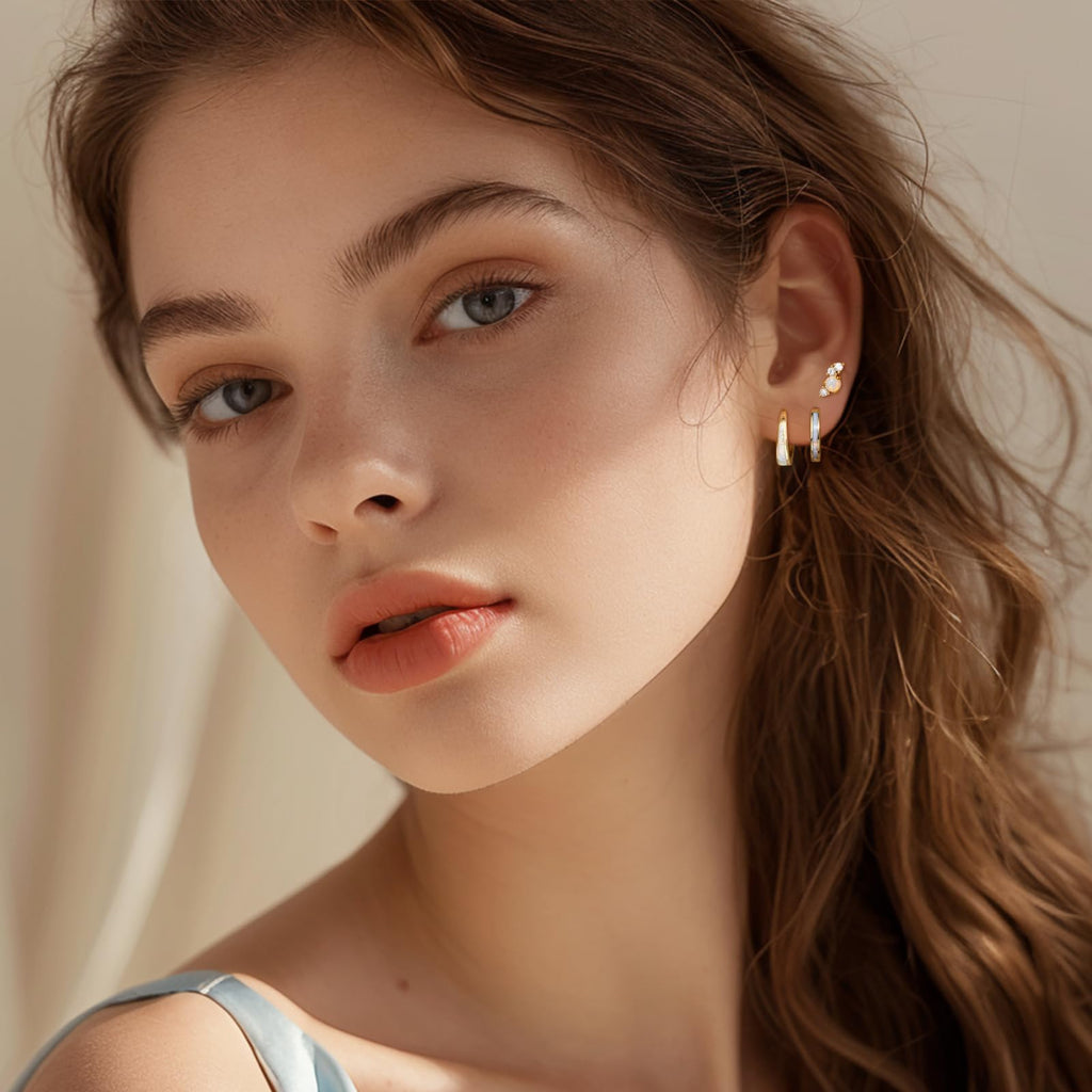 EATHAREEL Opal Earrings for Women, Dainty Opal Hoop Huggie Earrings, Hypoallergenic 14K Gold Earrings for Sensitive Ears, Christmas Gift for Her/Women