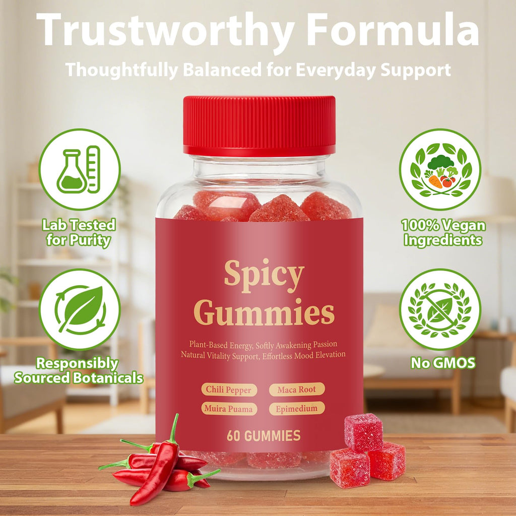 Ambelny Spicy Gummies, Intimacy Gummy with Muira Puama, Chili Pepper, Maca & Epimedium for Promote Hormone Balance, Vegan, Peach Flavor (60 Count/Bottle)