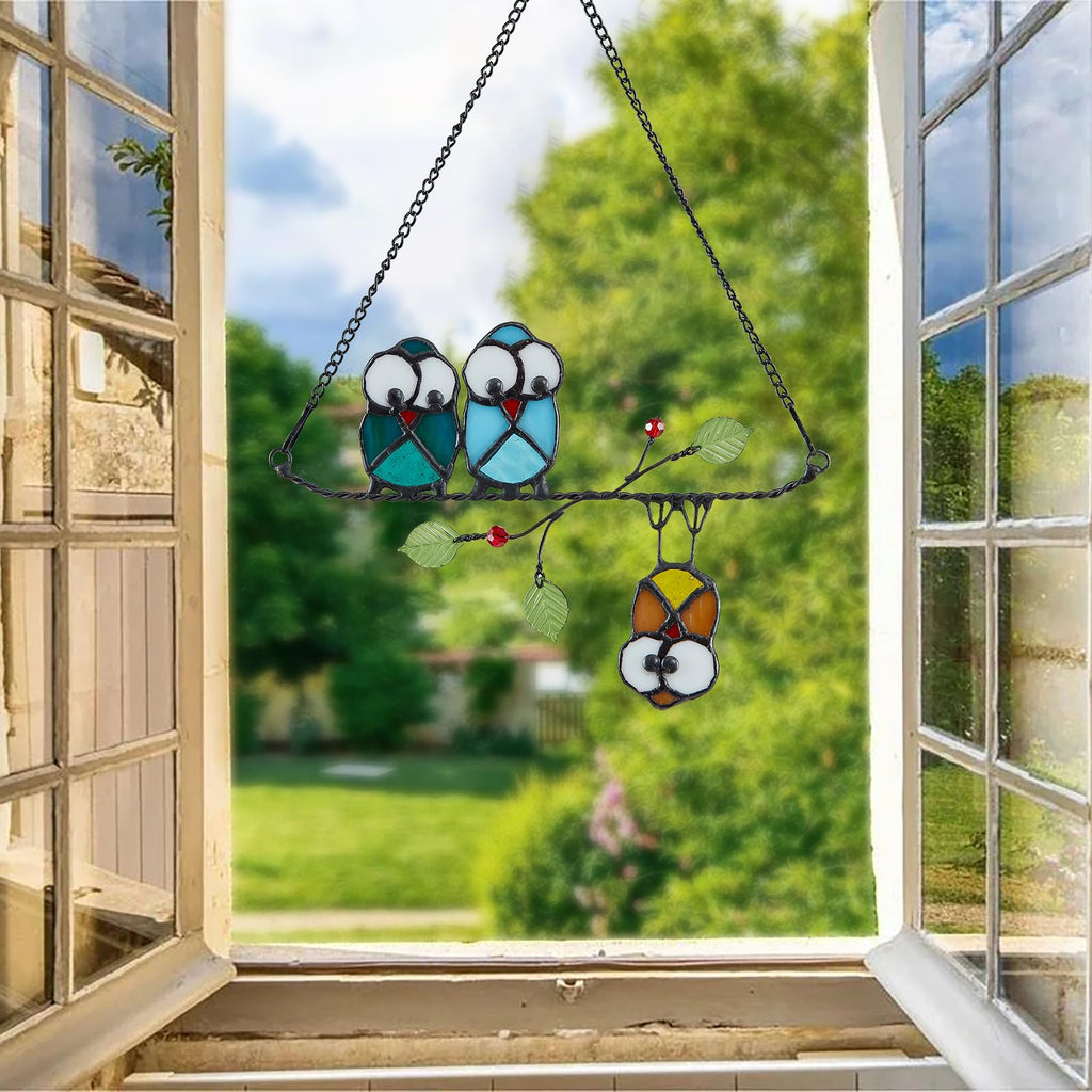 Rswardeleco Stained Glass Birds Window Hanging, Owl Suncatcher Decor