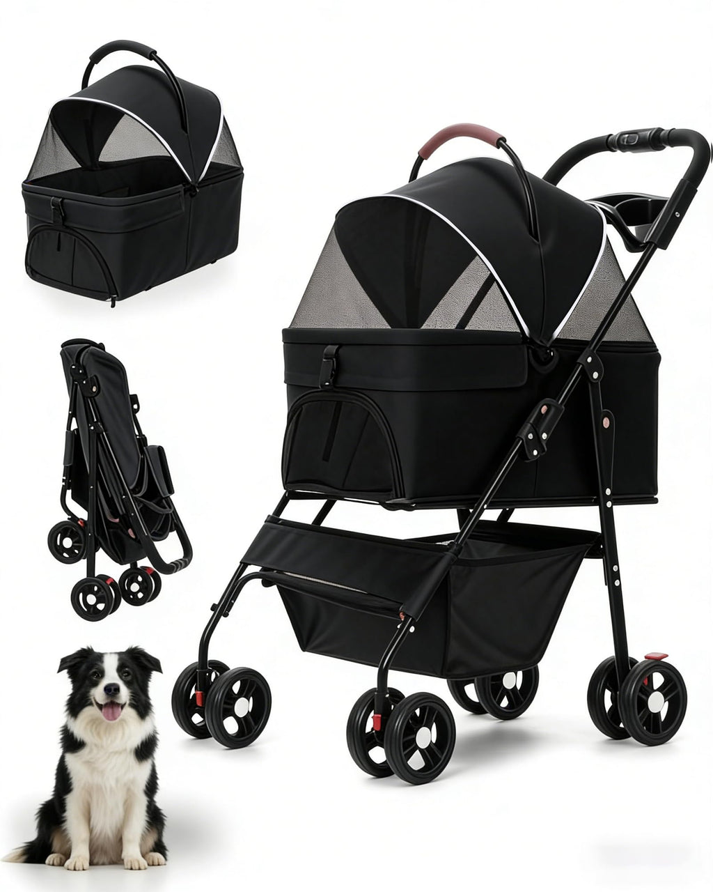 Pet Stroller with Removable Carrier, 35lbs Capacity - One-Click Foldable Dog Stroller, Cat Carrier & All-Terrain Wheels, Compact Travel Pet Stroller for Small to Medium Pets-Black