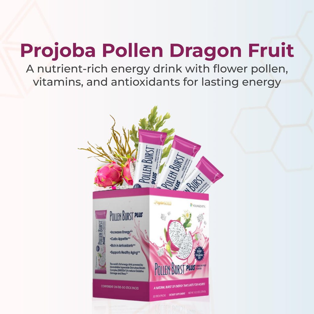 Youngevity ProJoba Pollen Burst™ Dragon Fruit - Clean Natural Energy Supplement w/Green Tea, Pollen Extract, GliSODin® - Increase Focus, Brain Boost, Endurance, Mental Clarity (30 Sticks)