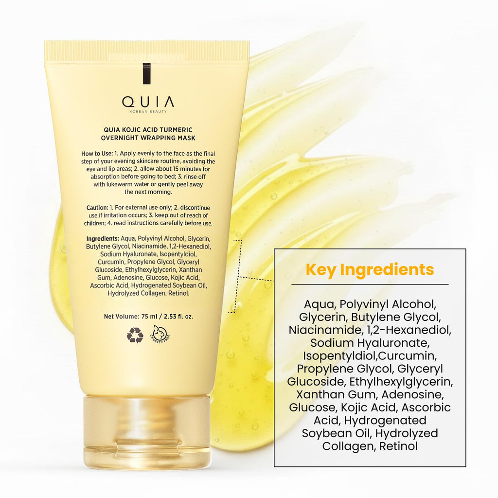QUIA Turmeric + Kojic Acid Overnight Wrapping Mask – Hydration Mask for Glowing Skin – Evens Tone, Soothes Redness and Improves Skin Texture – Korean Skincare 75ML