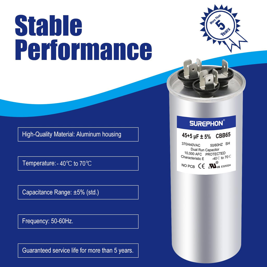 SUREPHON 45+5 uF 45/5 MFD ±5% 370V/440VAC Dual Run Start Capacitor CBB65B Works for AC Unit Fan Motor Start or Heat Pump or Condenser Straight Cool
