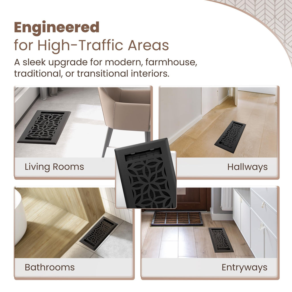 Floor Vent Covers – 4x10 Floor Register – 8 Pack – Heavy-Duty Steel, Rustproof & Walkable Grates, Drop-in Install, Adjustable Airflow – Decorative Floral Design, Textured Black