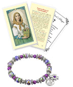 St Dymphna Bracelet - Saint Dymphna Prayer Card, The Lord's Prayer Card - Stretchable Round Saint Dymphna Bracelet with Purple and Amethyst Beads - St.Dymphna Bracelet and Cards Set of 3 Items