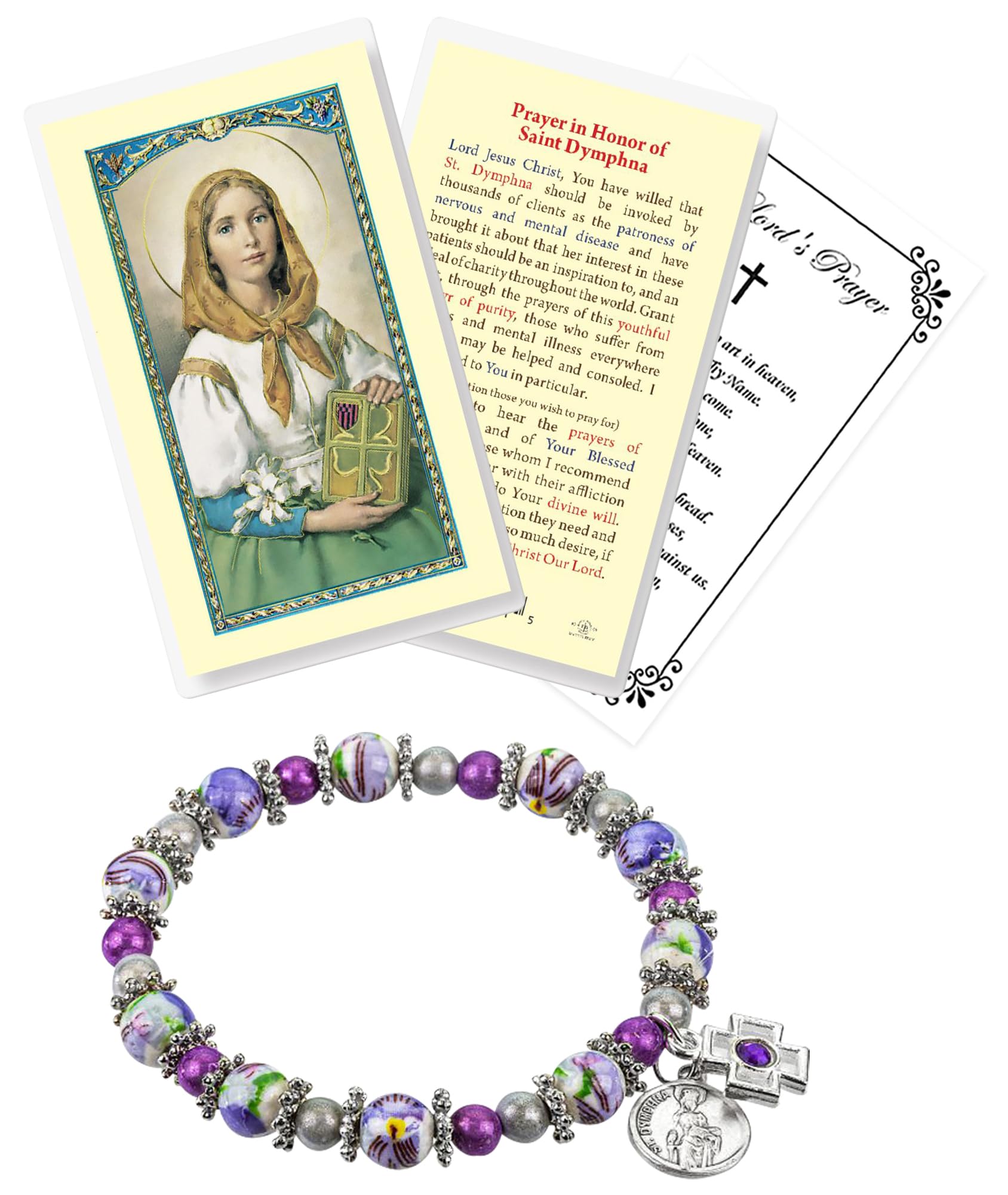 St Dymphna Bracelet - Saint Dymphna Prayer Card, The Lord's Prayer Card - Stretchable Round Saint Dymphna Bracelet with Purple and Amethyst Beads - St.Dymphna Bracelet and Cards Set of 3 Items