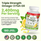Triple Strength Omega 3 Fish Oil Supplements 2400mg | 180 Capsules, Burpless High Potency Lemon Flavor, High EPA DHA for Men & Women Ultra Pure Softgels | Joint Support, Eyes, Heart Brain Health Pills
