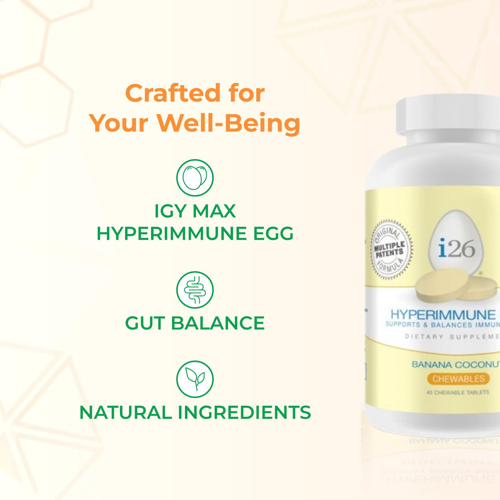 Youngevity i26 Hyperimmune Egg | IgY Max Banana Coconut Chewable | Patented Immune Powerhouse Formula | Flexibility, Gut, Immune Support Supplement | 45 Chewable Tablets