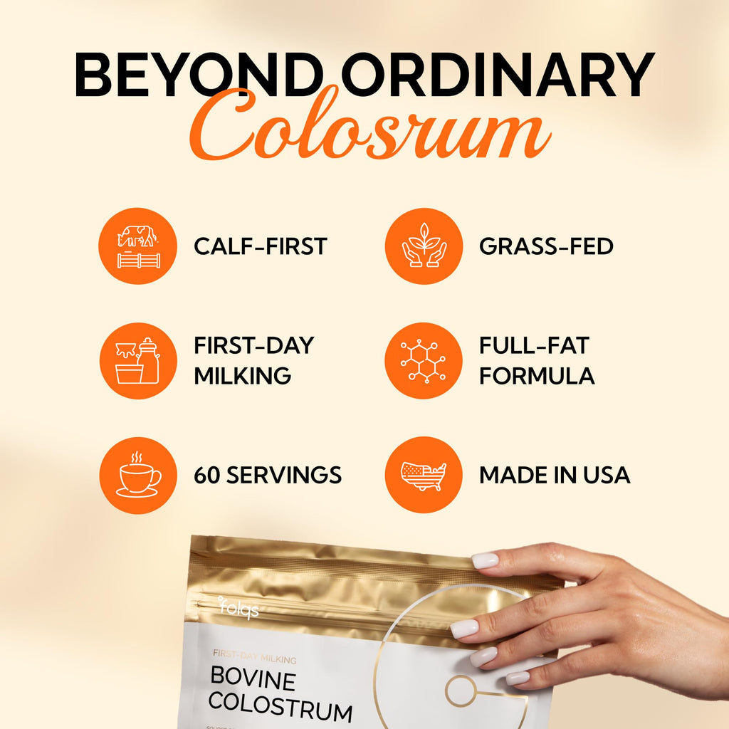 Folqs Bovine Colostrum Powder – First-Day Milking for Immune & Gut Support – 60 Servings – Supports Skin & Tissue Health – Made in USA - Amino Acids, Vitamins, Minerals – Kosher - Sustainably Sourced