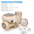 XtremepowerUS 2HP SuperFlow Variable Speed Swimming Pool Pump 230V, InGround 7,860 GPH 1.5" 2" Fitting Adapter, Self Priming Compatible EC-342001 Max 2.2HP