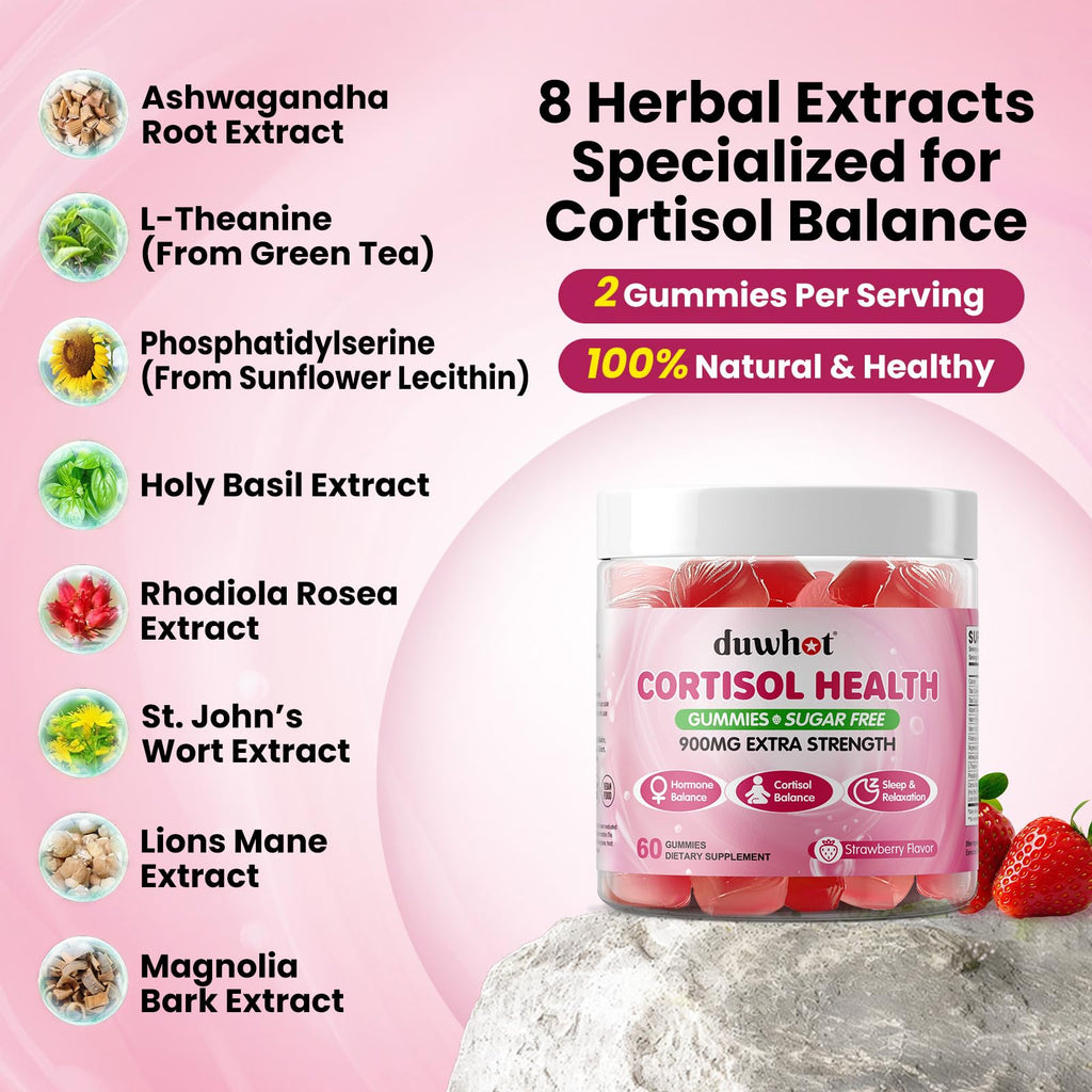 duwhot Cortisol Gummies, 15 in 1 Lower Cortisol Supplements for Women, w. Ashwagandha, Magnesium, Phosphatidylserine, Folate for Hormone Balance, Mood, Focus, Sleep Support, Sugar Free, Vegan, 120